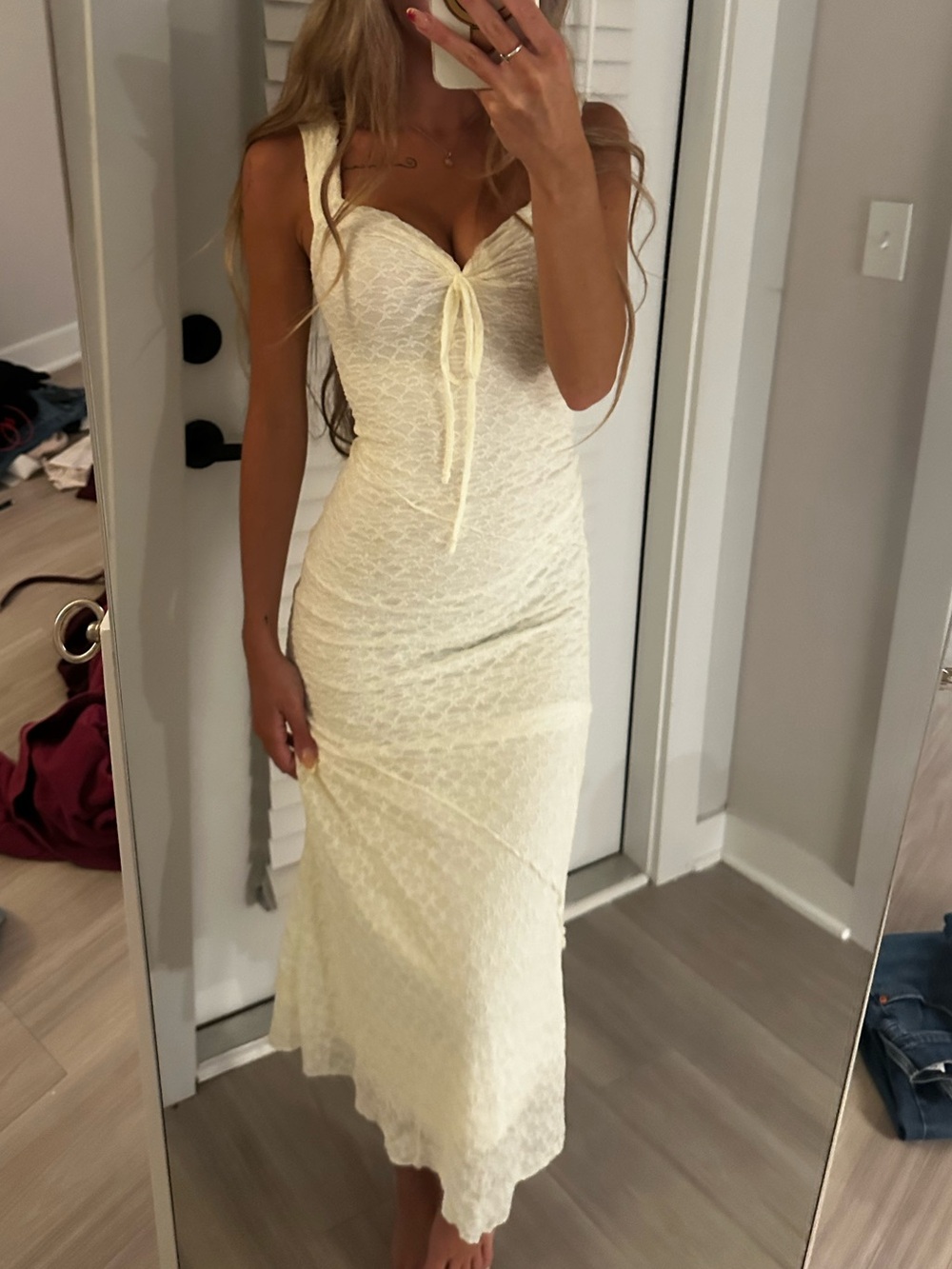Elegant Cream Lace Midi Dress with Tie Front New with tags